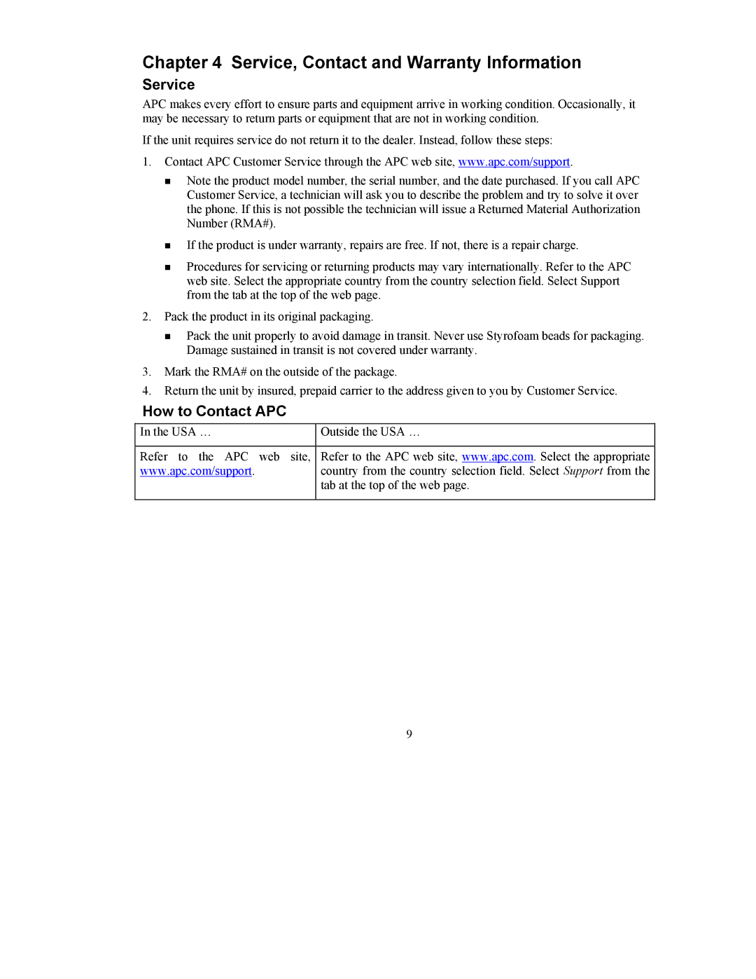 APC CTFLE user manual Service, Contact and Warranty Information, How to Contact APC 