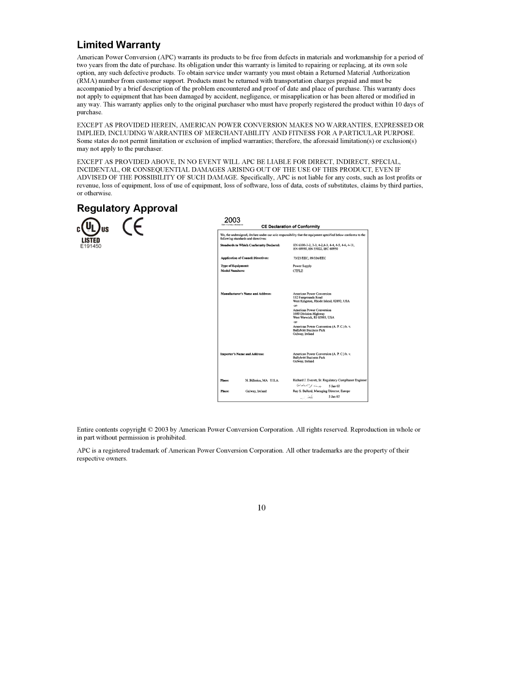 APC CTFLE user manual Limited Warranty, Regulatory Approval 