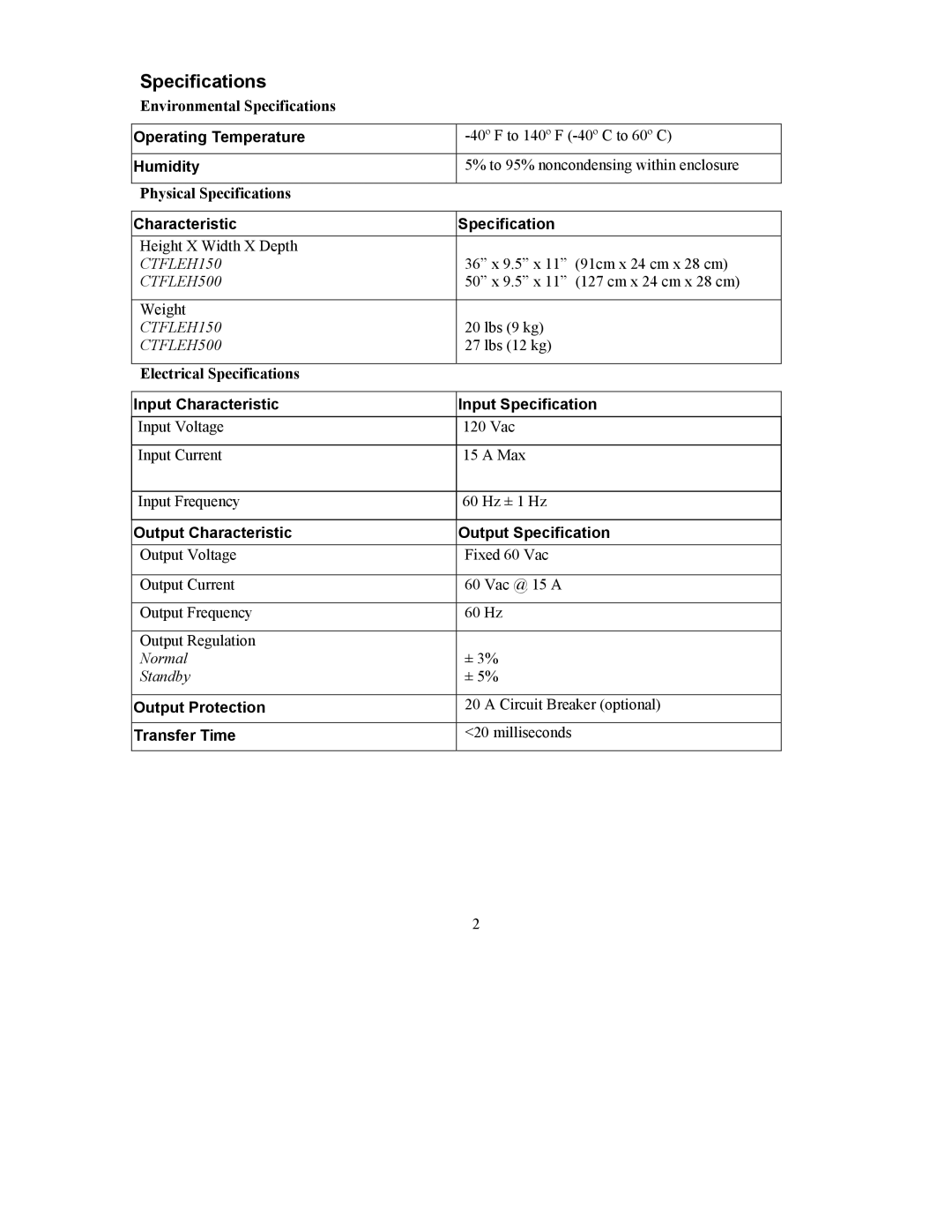 APC CTFLE user manual Specifications 