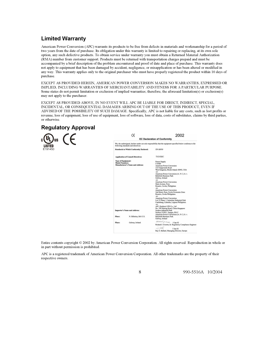 APC CTFRP user manual Limited Warranty, Regulatory Approval 