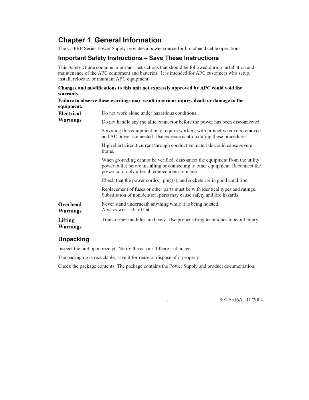 APC CTFRP user manual General Information, Important Safety Instructions Save These Instructions, Unpacking 