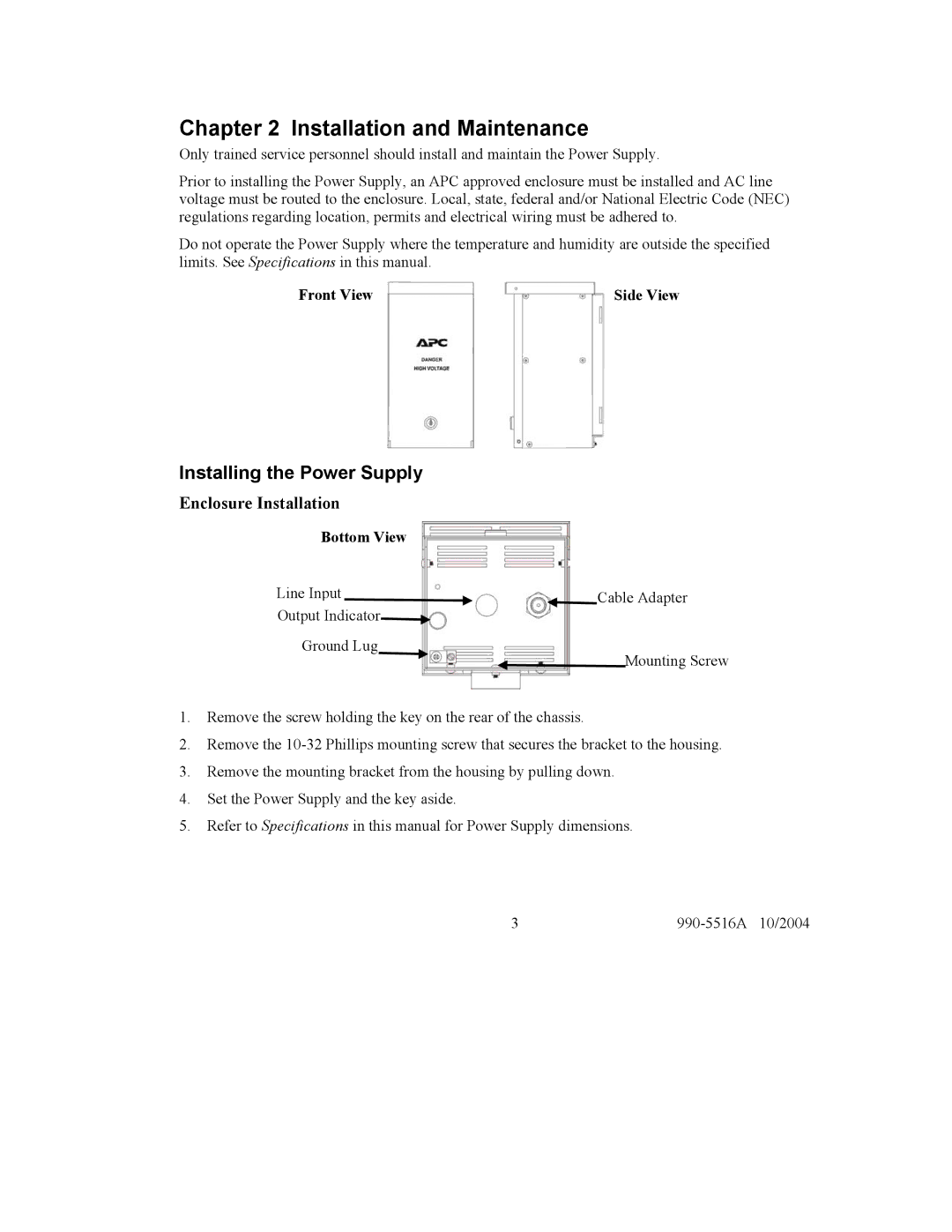 APC CTFRP user manual Installation and Maintenance, Installing the Power Supply, Enclosure Installation 