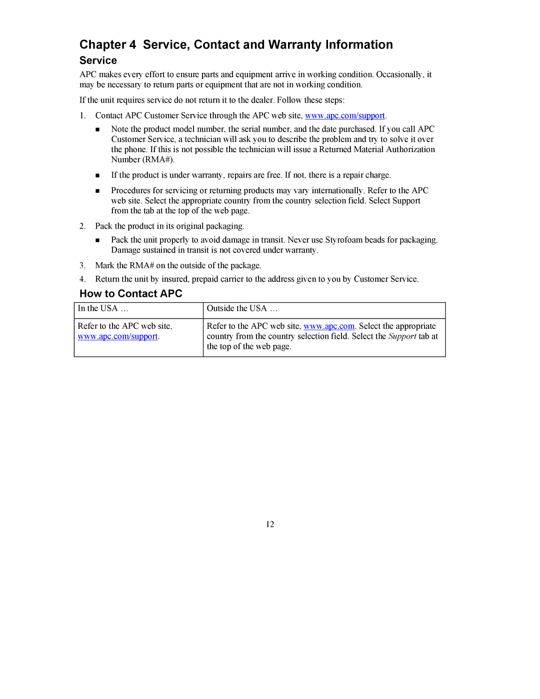 APC CTSLLP/G user manual Service, Contact and Warranty Information, How to Contact APC 