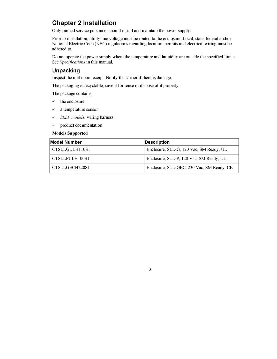 APC CTSLLP/G user manual Installation, Unpacking, Models Supported, Model Number Description 