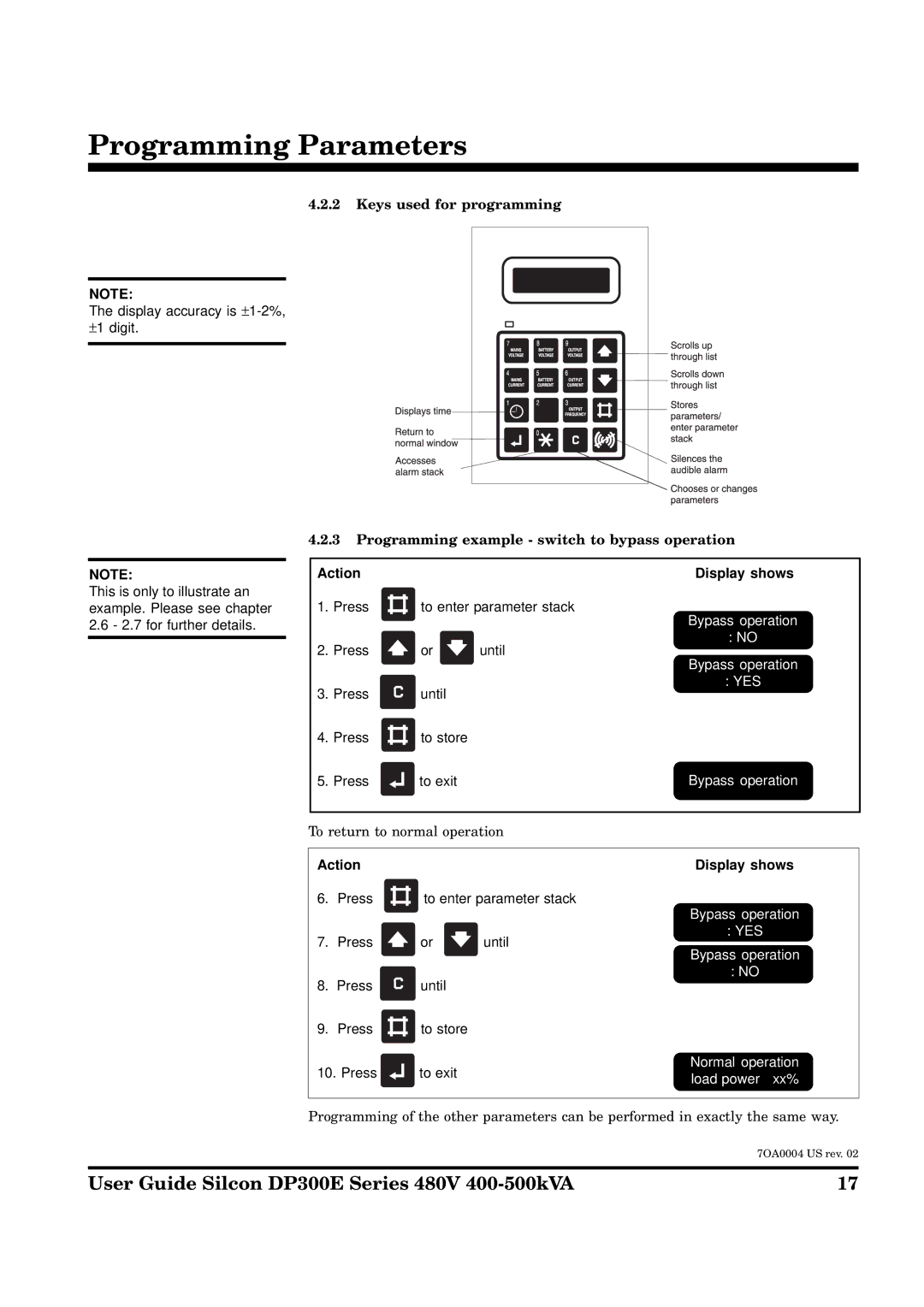 APC DP300E Series manual Keys used for programming, Programming example switch to bypass operation 