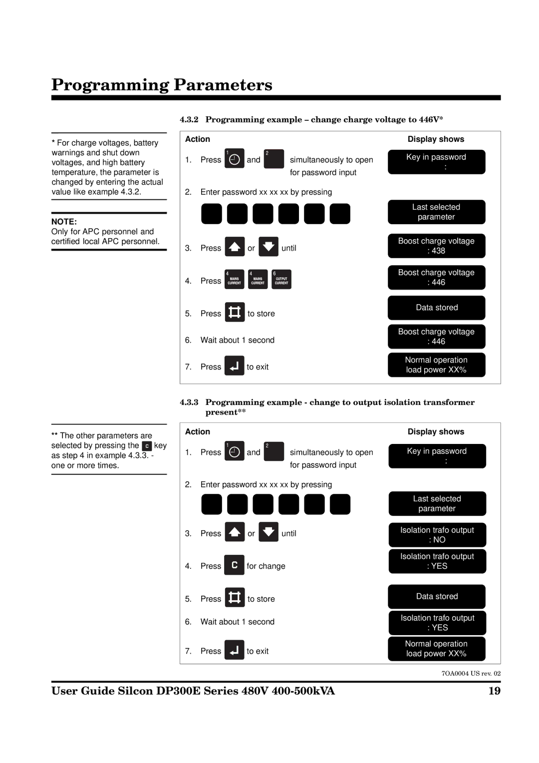 APC DP300E Series manual Programming example change charge voltage to 