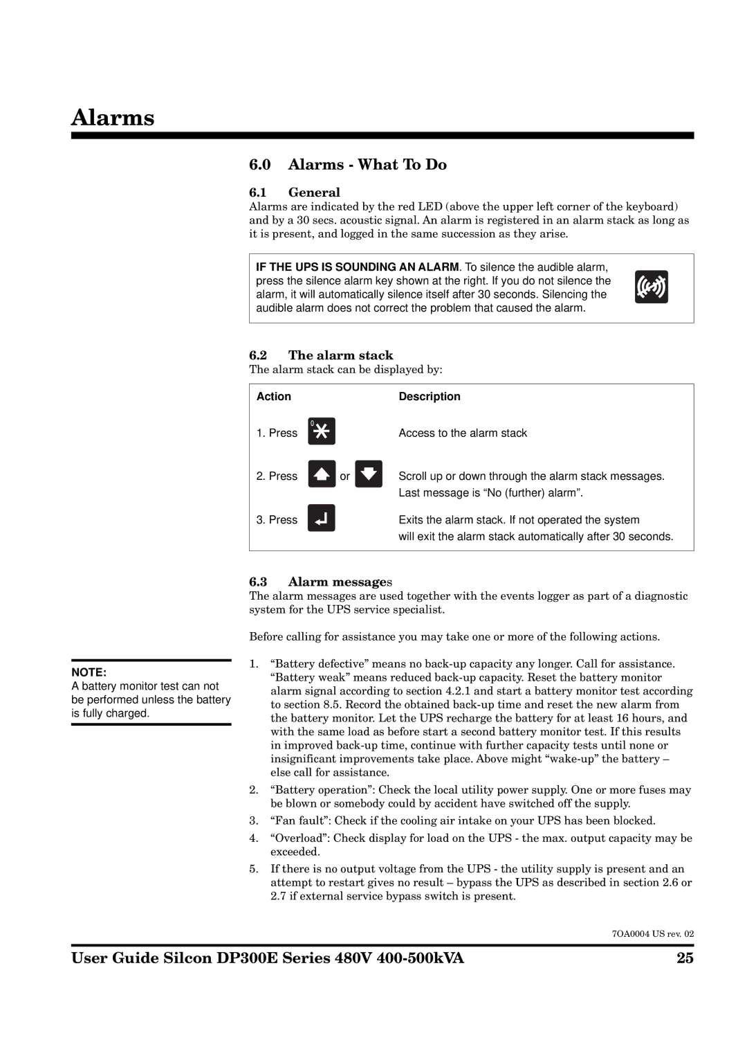 APC DP300E Series manual Alarms What To Do, Alarm stack, Alarm messages, ActionDescription 