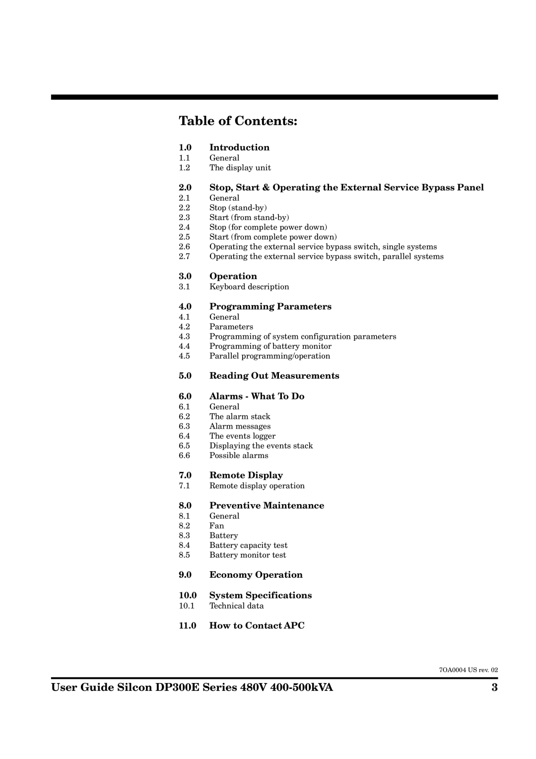 APC DP300E Series manual Table of Contents 