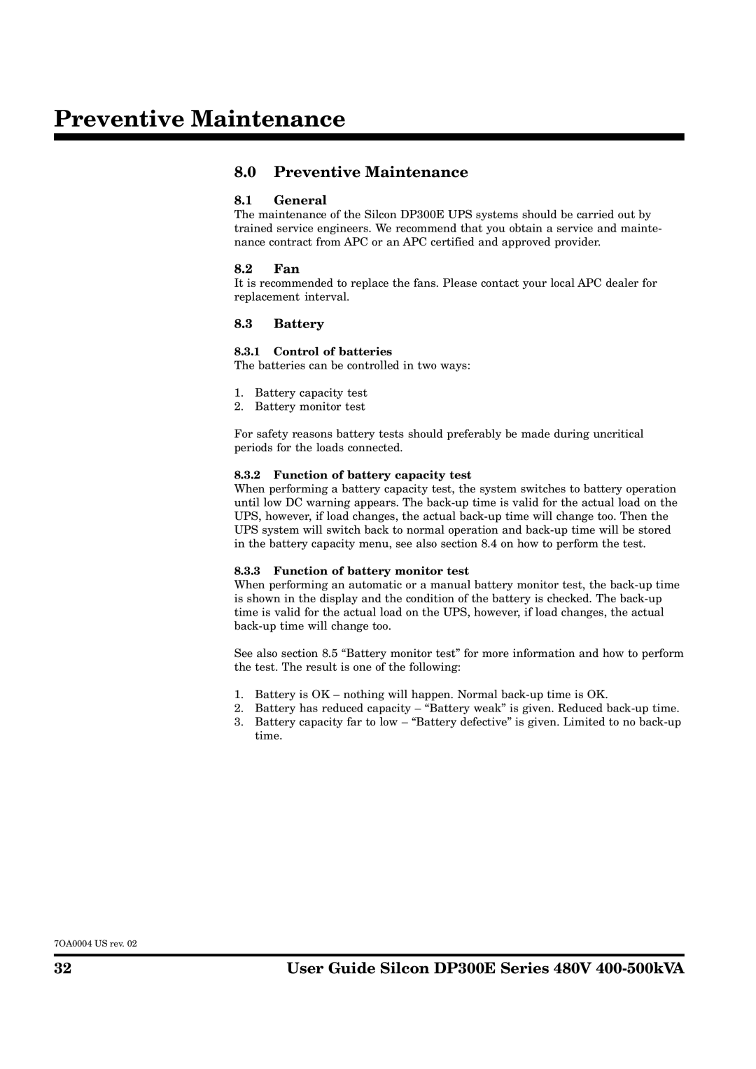 APC DP300E Series manual Preventive Maintenance, Fan, Battery 