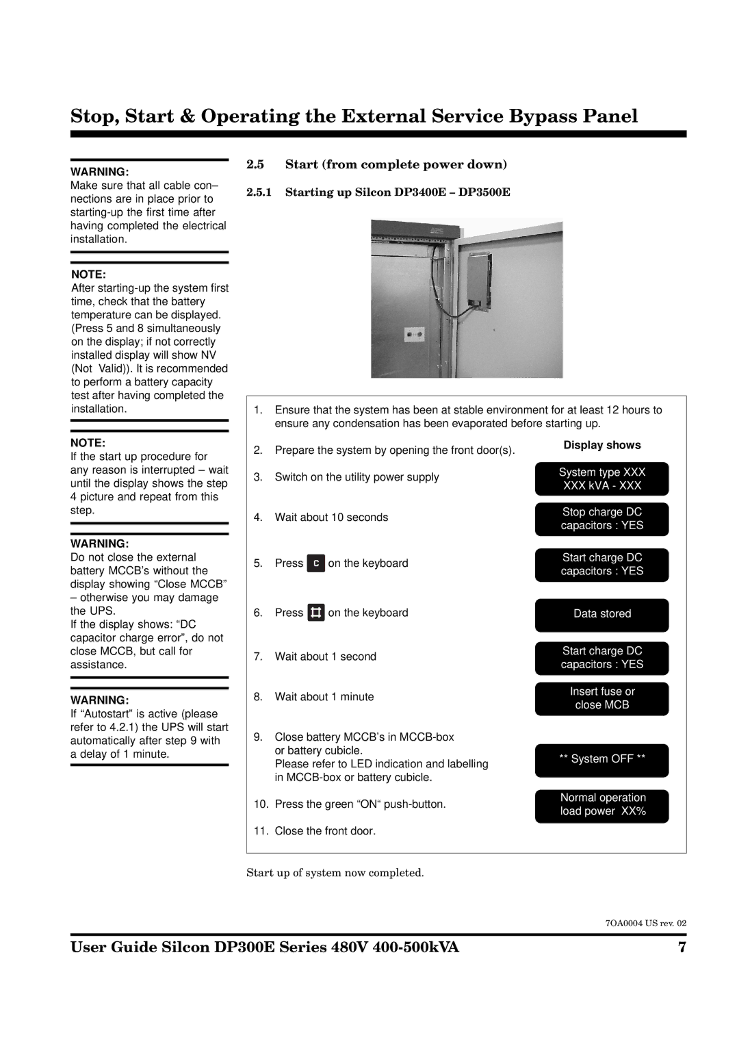 APC DP300E Series manual Start from complete power down, Starting up Silcon DP3400E DP3500E 