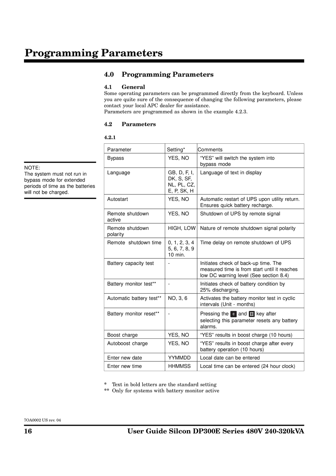 APC DP300E manual Programming Parameters, Parameter Setting Comments, NO, 3 