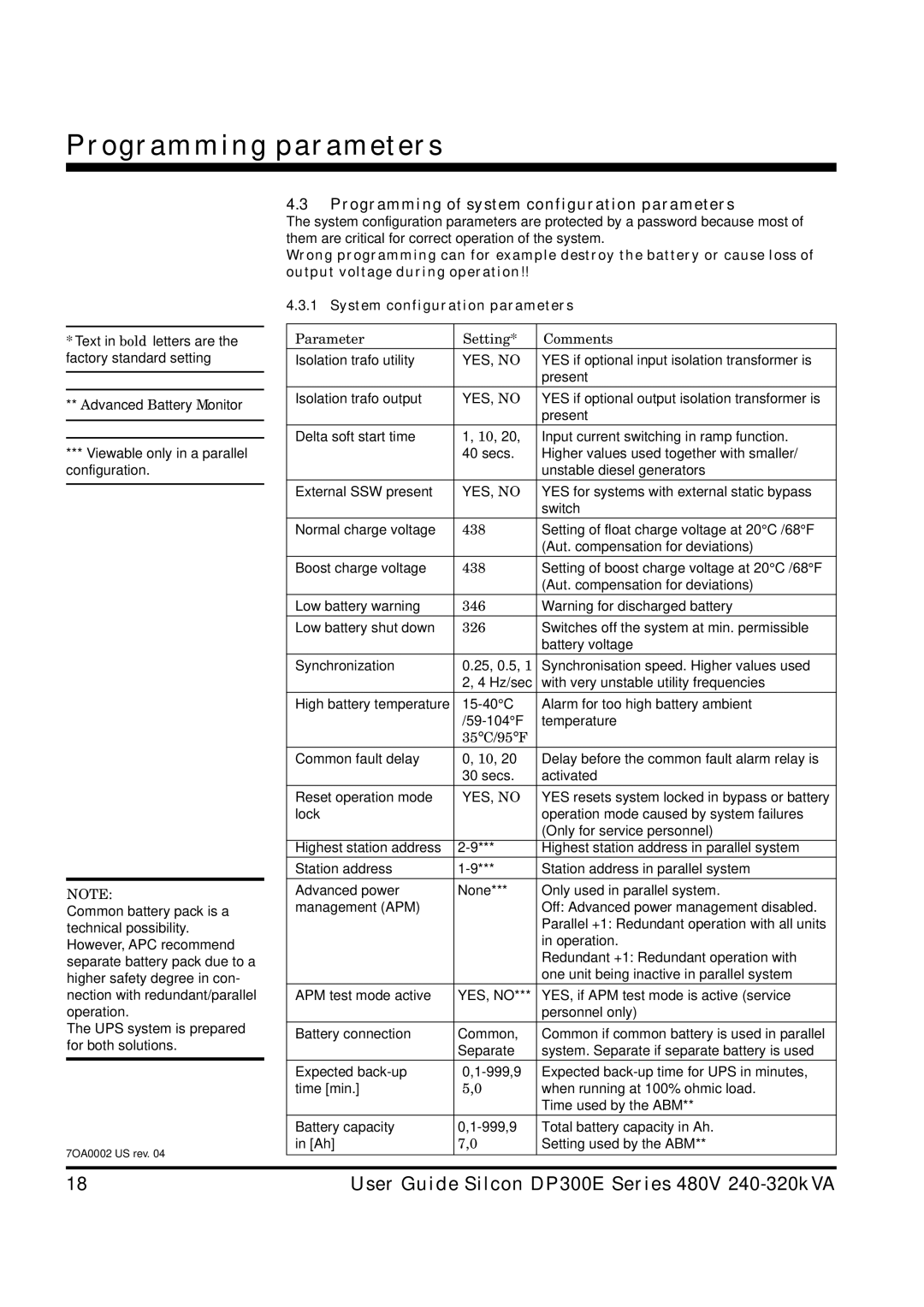 APC DP300E manual Programming of system configuration parameters, 438, 346, 326, 35C/95F 