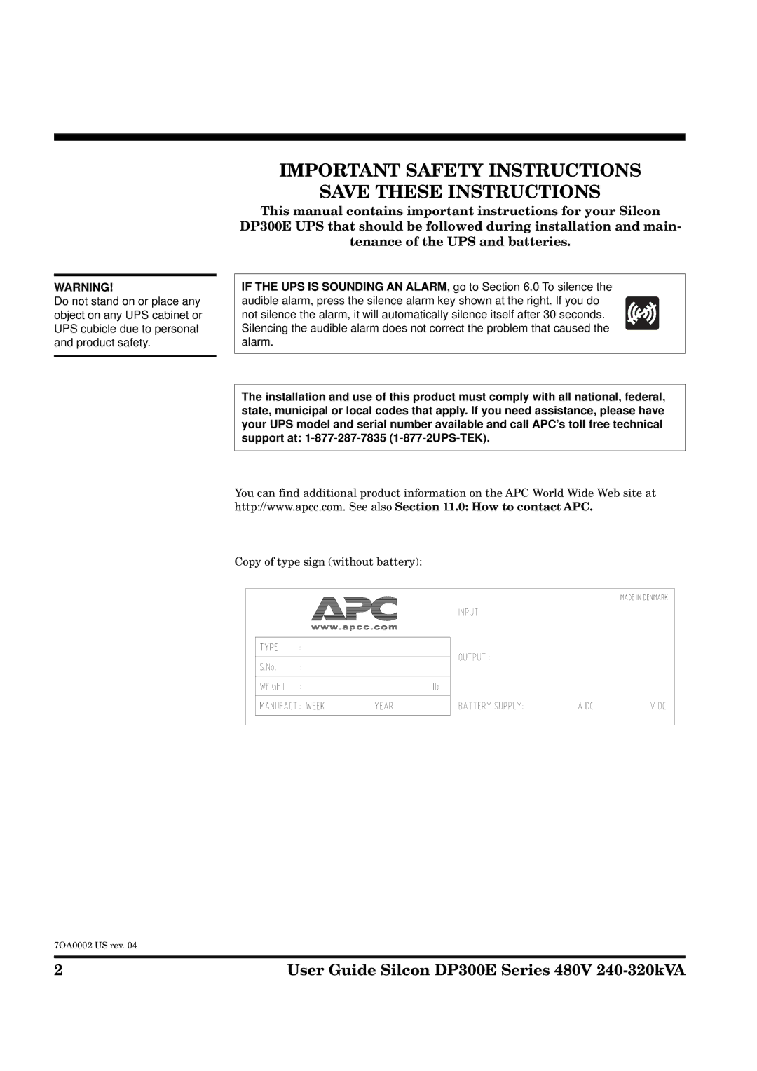 APC DP300E manual Important Safety Instructions 