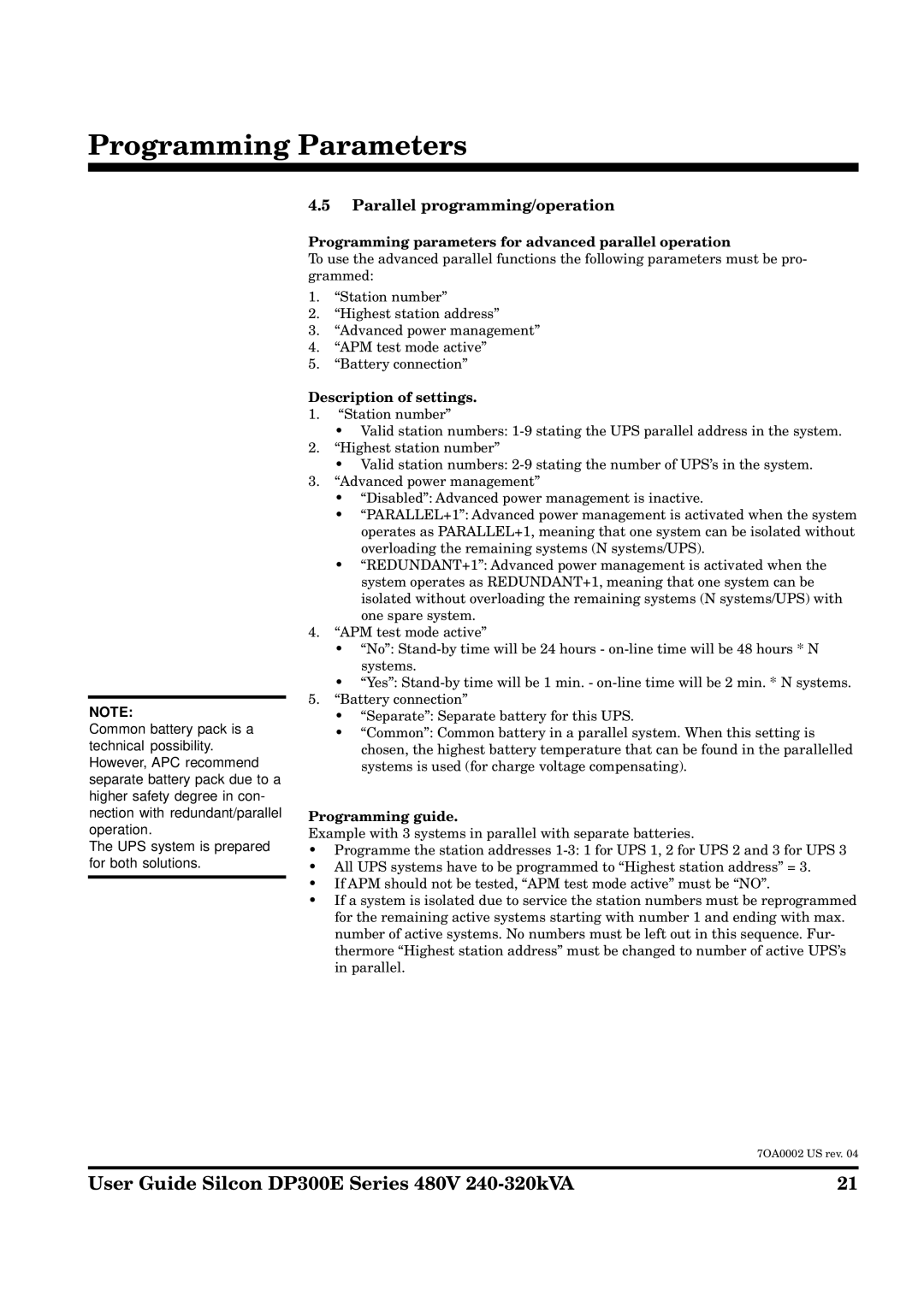 APC DP300E Parallel programming/operation, Programming parameters for advanced parallel operation, Description of settings 