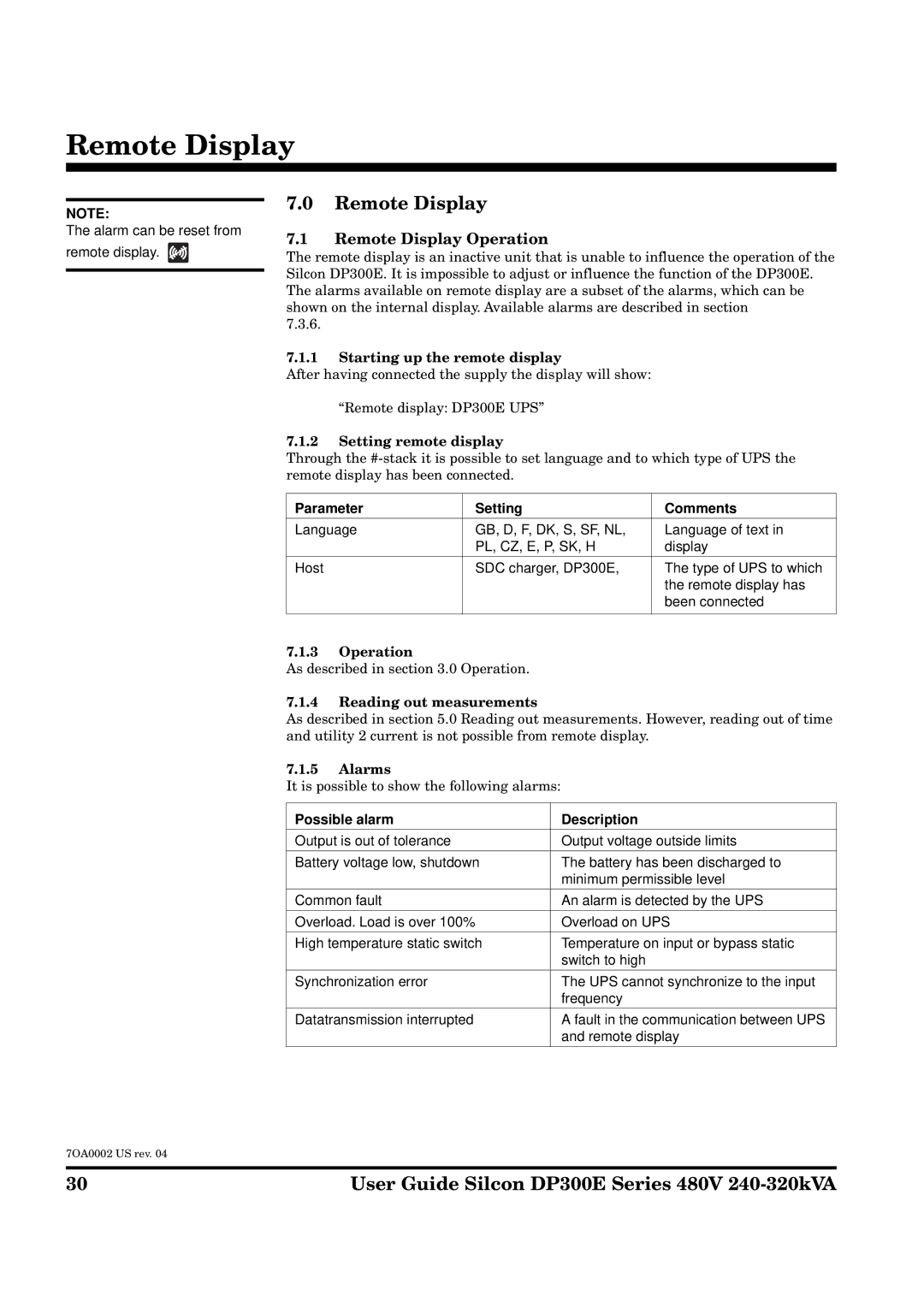 APC DP300E manual Remote Display Operation, Possible alarm Description 