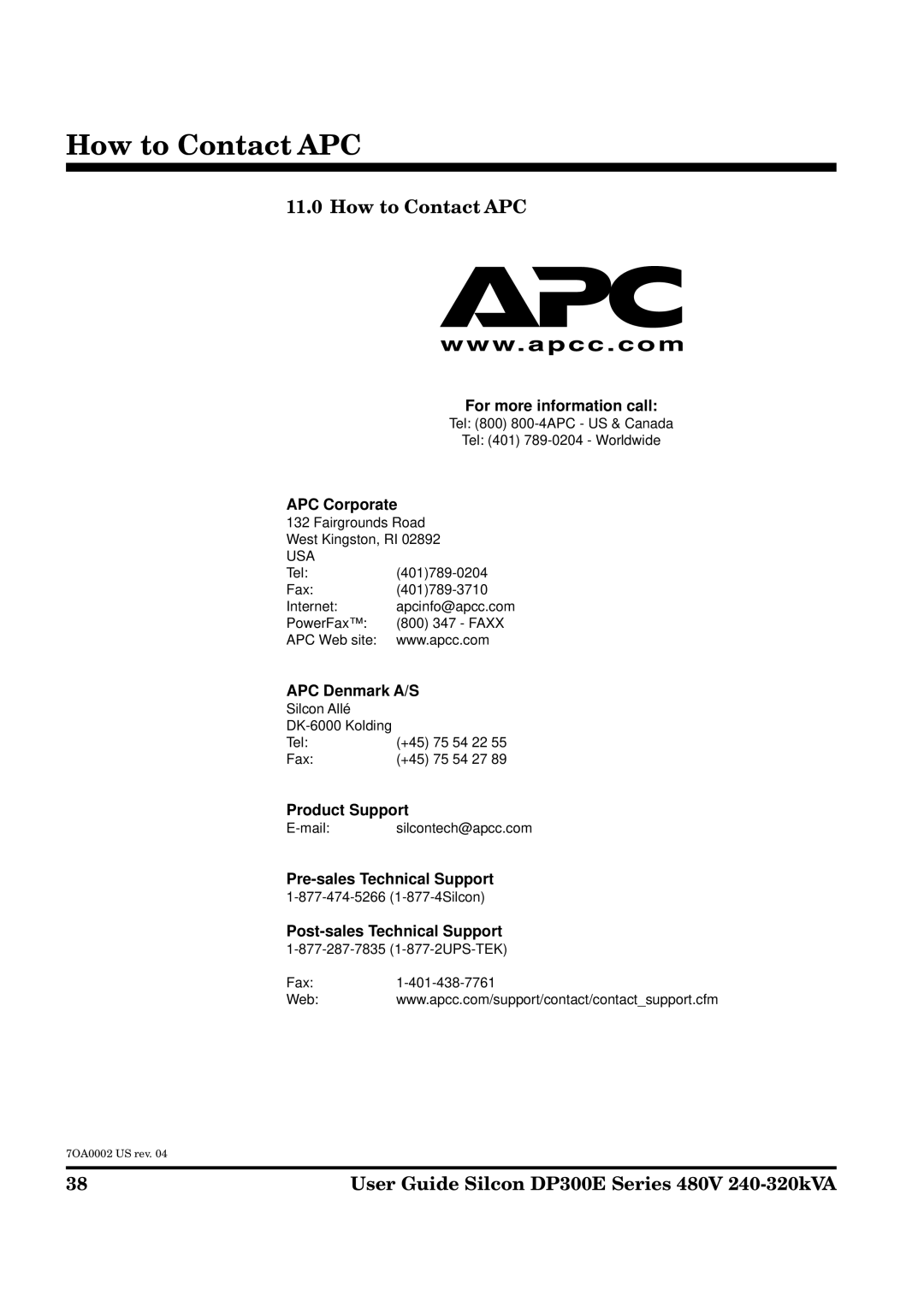 APC DP300E manual How to Contact APC 