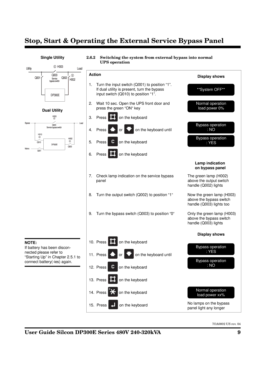 APC DP300E manual Single Utility, Switching the system from external bypass into normal, UPS operation, Action 