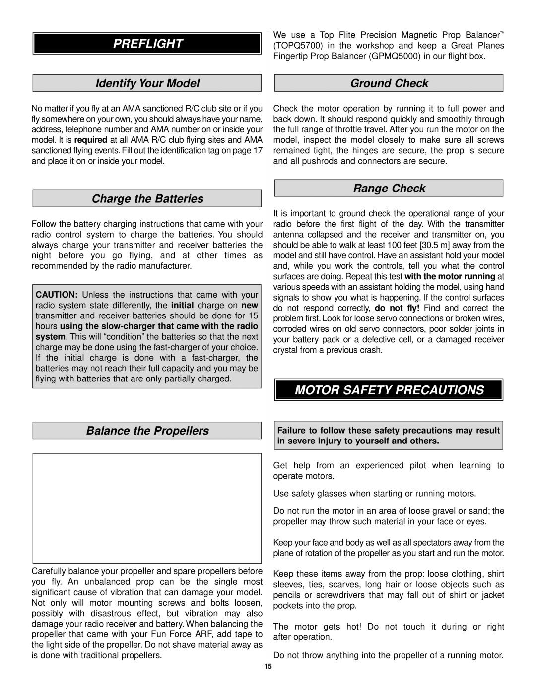 APC EP Zero ARF warranty Preflight, Motor Safety Precautions 