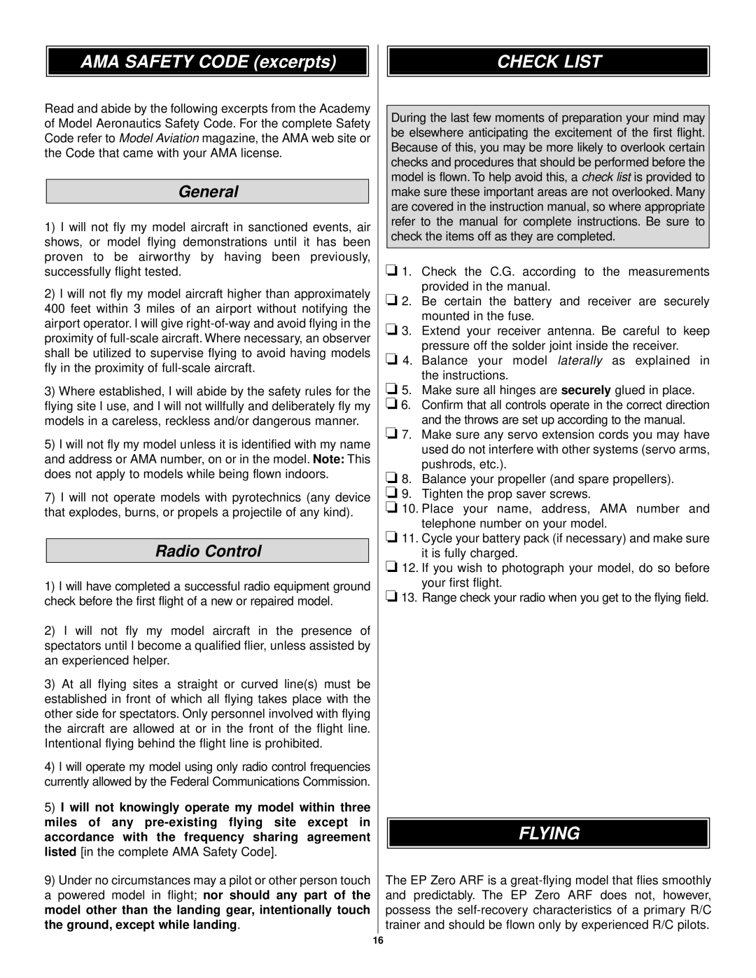 APC EP Zero ARF warranty Check List, Flying, General, Radio Control 