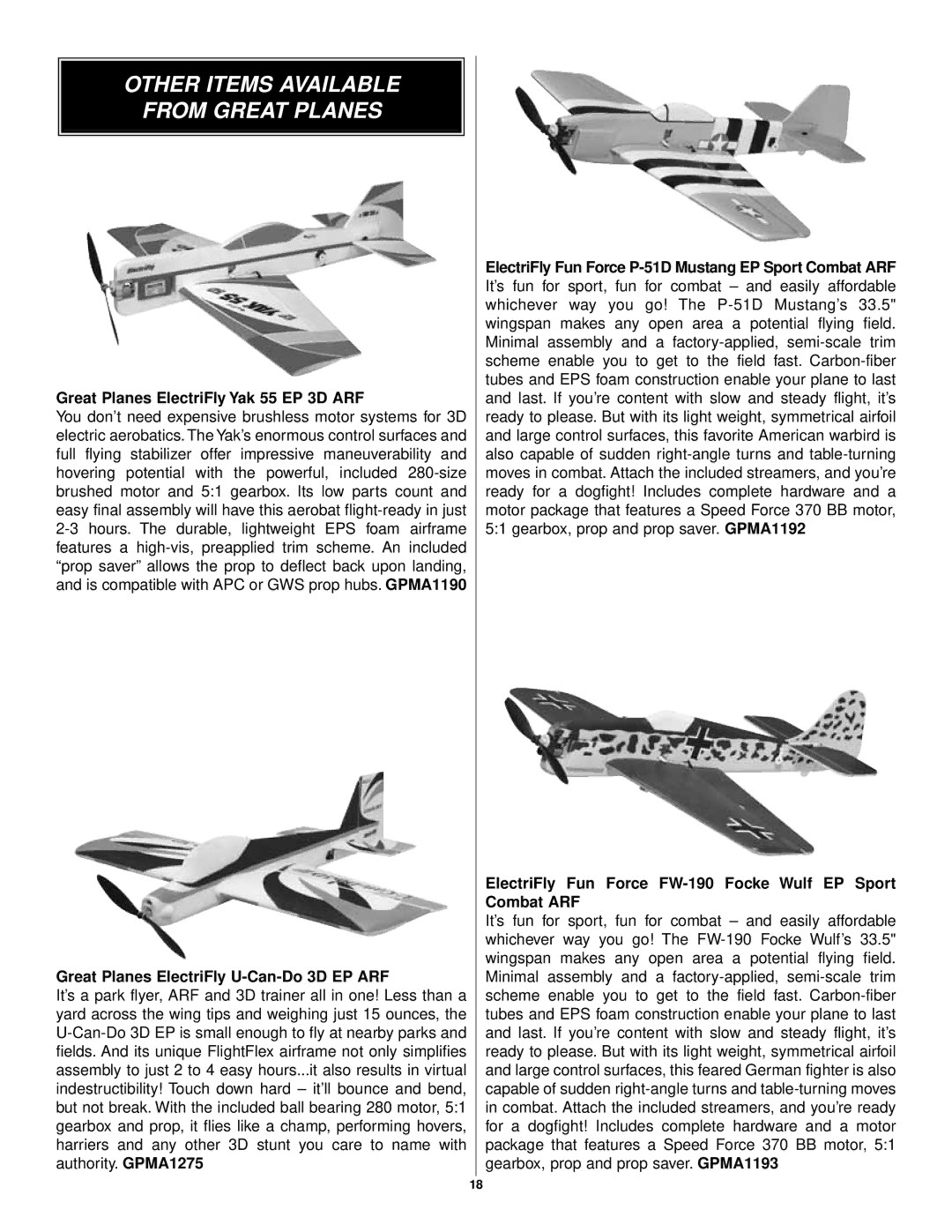 APC EP Zero ARF warranty Other Items Available From Great Planes, Great Planes ElectriFly Yak 55 EP 3D ARF 