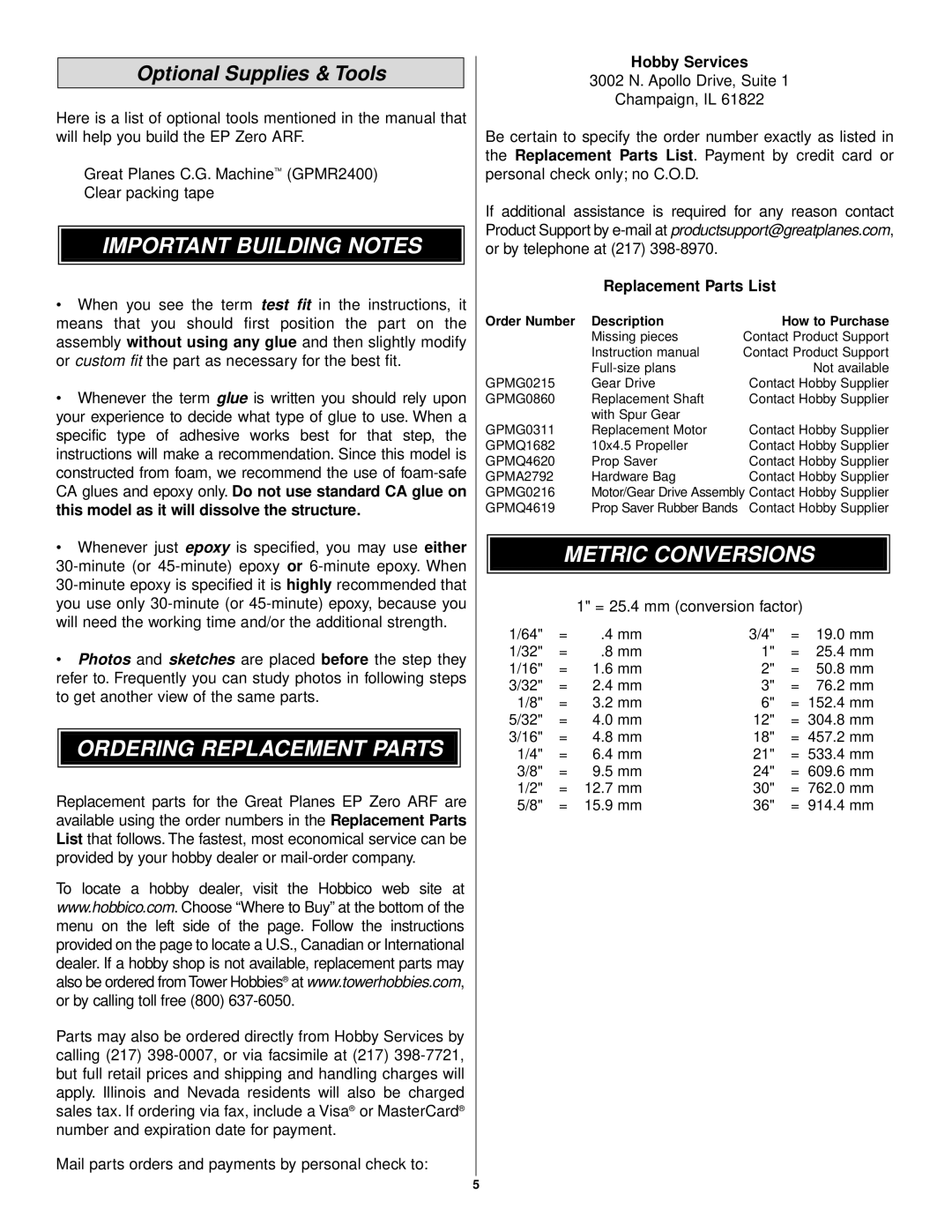 APC EP Zero ARF Important Building Notes, Ordering Replacement Parts, Metric Conversions, Optional Supplies & Tools 