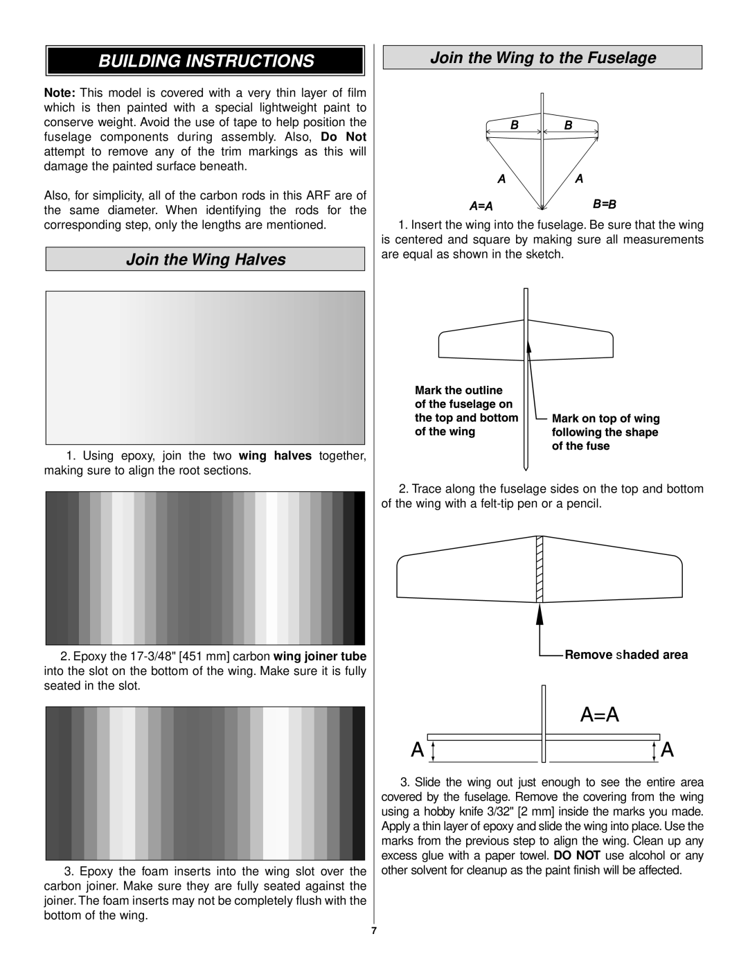 APC EP Zero ARF warranty Building Instructions, Join the Wing Halves, Join the Wing to the Fuselage 