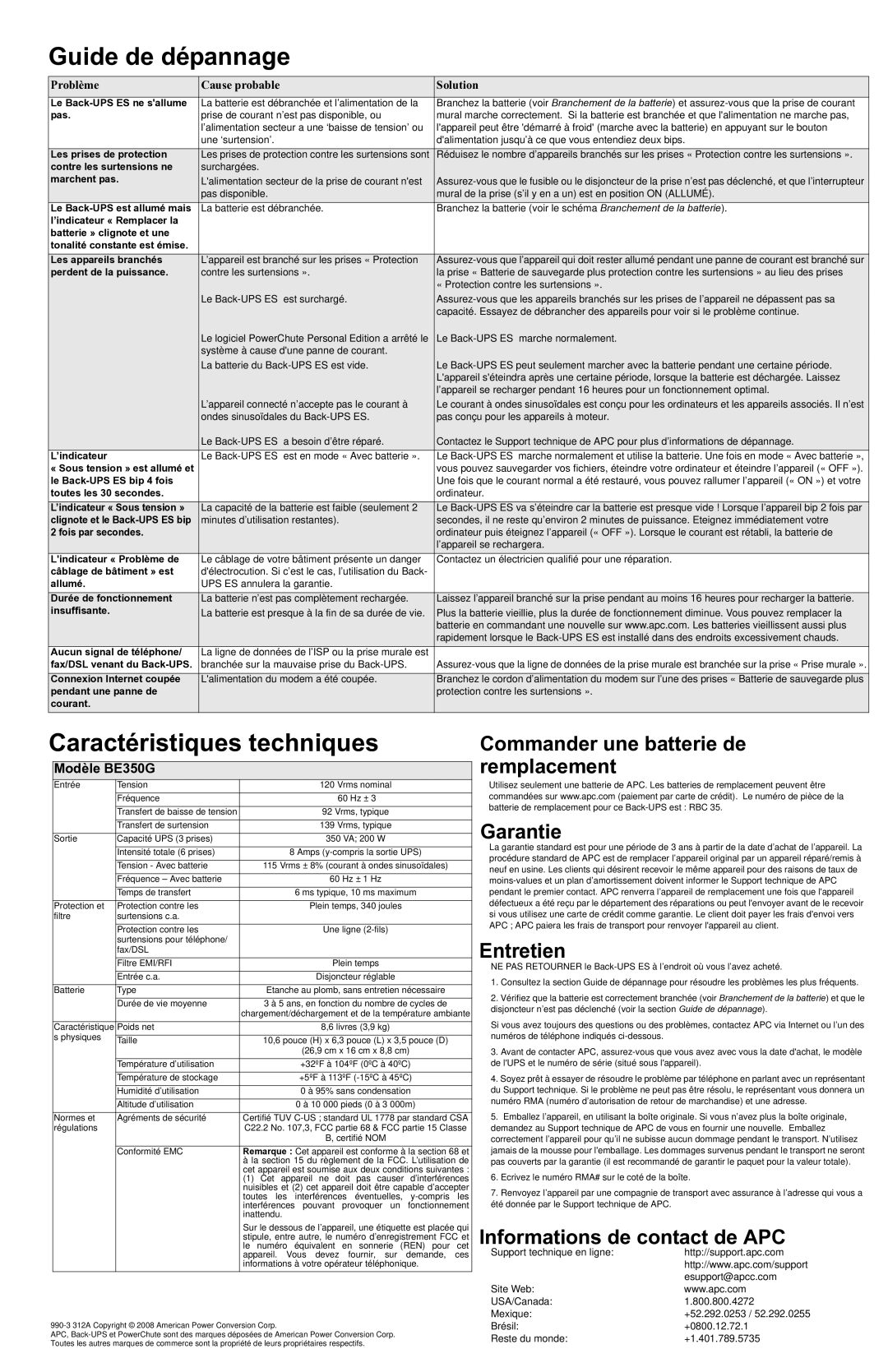 APC ES 350G Guide de dépannage, Caractéristiques techniques, Commander une batterie de remplacement Garantie, Entretien 