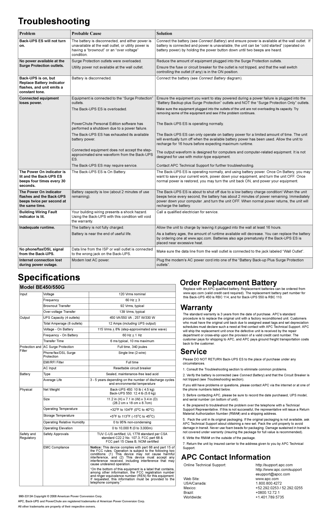 APC BE550G, ES 450 Troubleshooting, Specifications, Order Replacement Battery Warranty, Service, APC Contact Information 