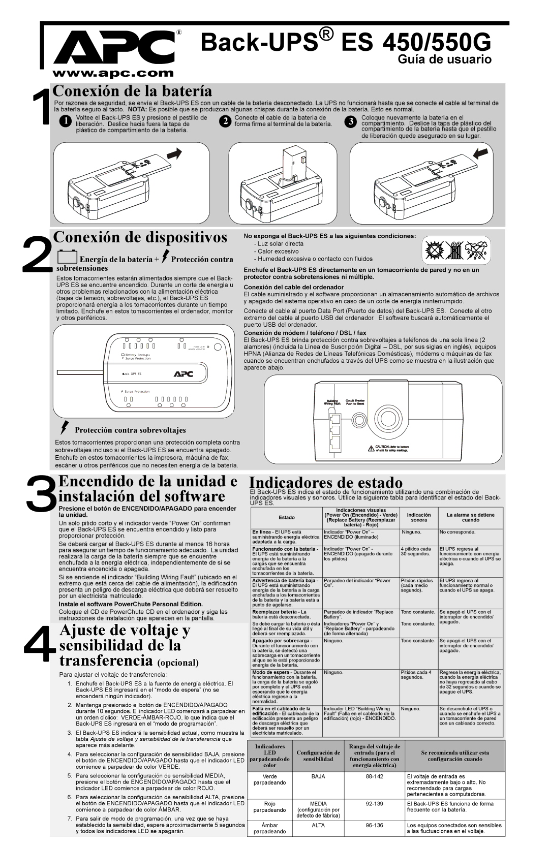 APC BE550G GR 2Conexión de dispositivos, Ajuste de voltaje y, Sensibilidad de la, Transferencia opcional, Guía de usuario 