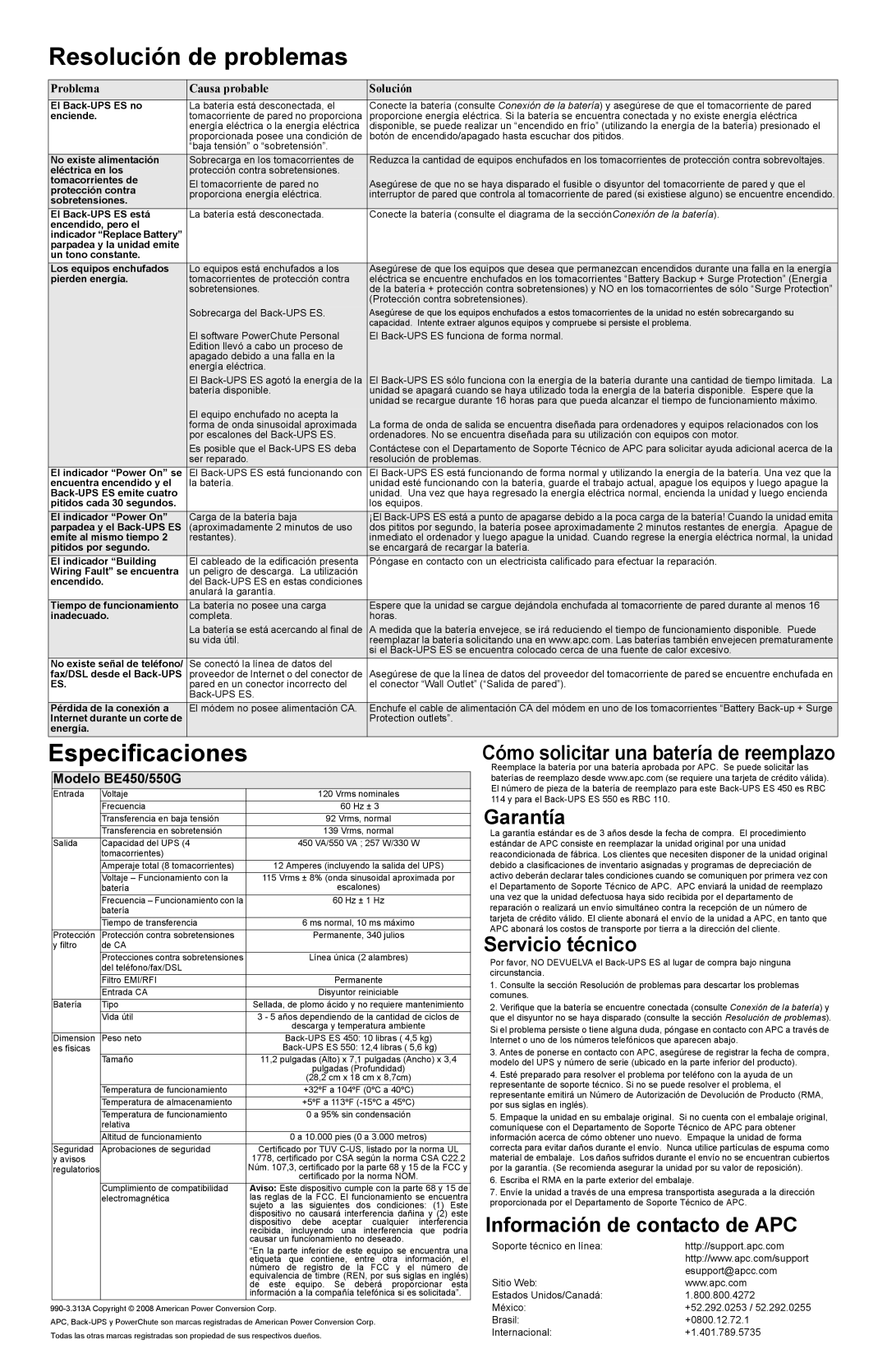 APC ES 550G Resolución de problemas, Especificaciones, Cómo solicitar una batería de reemplazo Garantía, Servicio técnico 