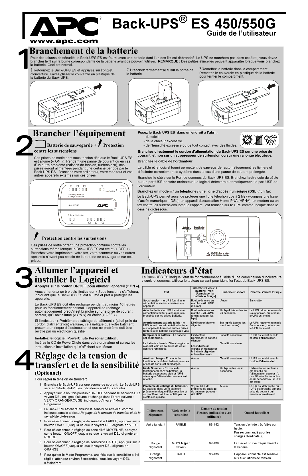 APC ES 450 Branchement de la batterie, Brancher l’équipement, Réglage de la tension de, Guide de l’utilisateur, 4Optionnel 