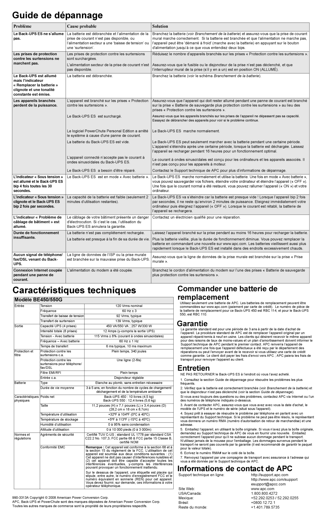 APC BE450G Guide de dépannage, Caractéristiques techniques, Commander une batterie de remplacement Garantie, Entretien 