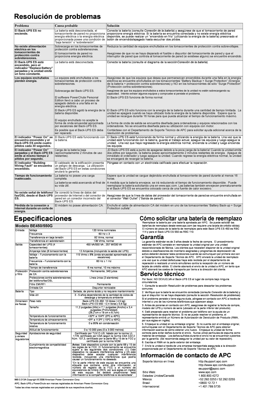 APC ES 550G Resolución de problemas, Especificaciones, Cómo solicitar una batería de reemplazo, Garantía, Servicio técnico 