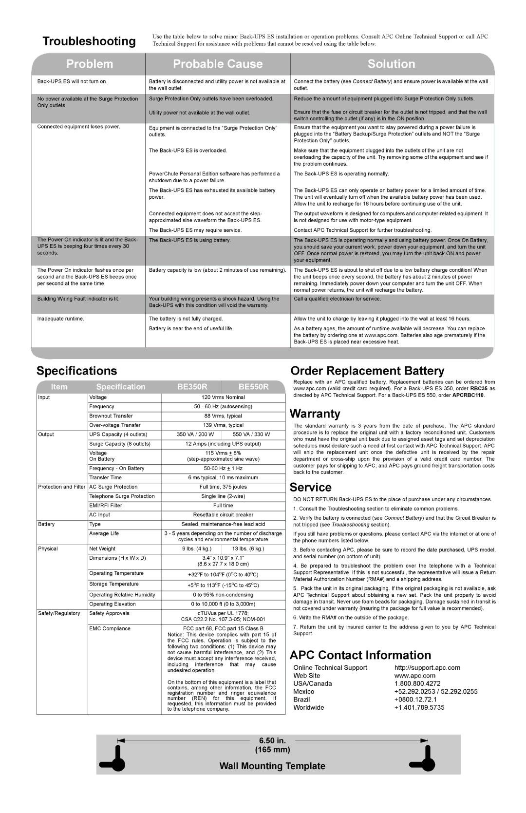 APC ES 550 Troubleshooting, Specifications, Order Replacement Battery Warranty, Service, APC Contact Information 