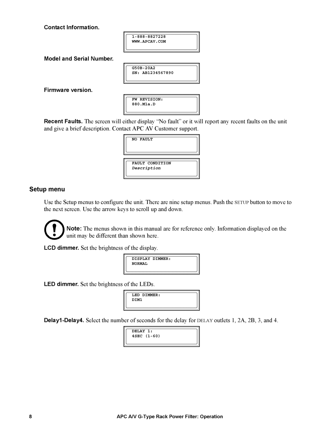 APC G50B-20A2 manual Setup menu 