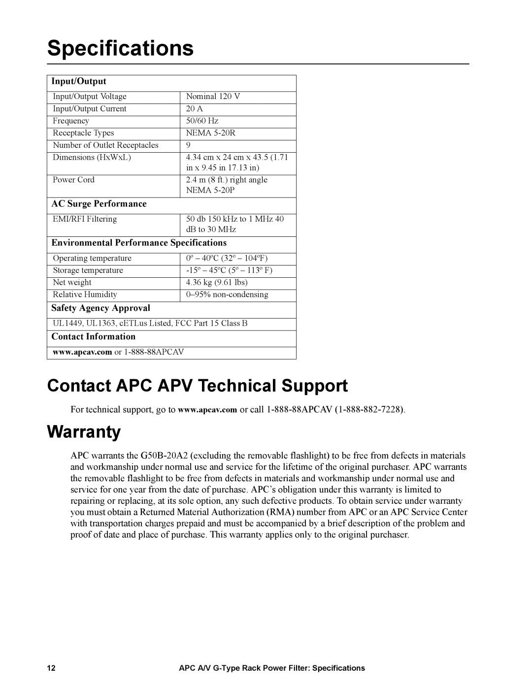 APC G50B-20A2 manual Specifications, Contact APC APV Technical Support Warranty 