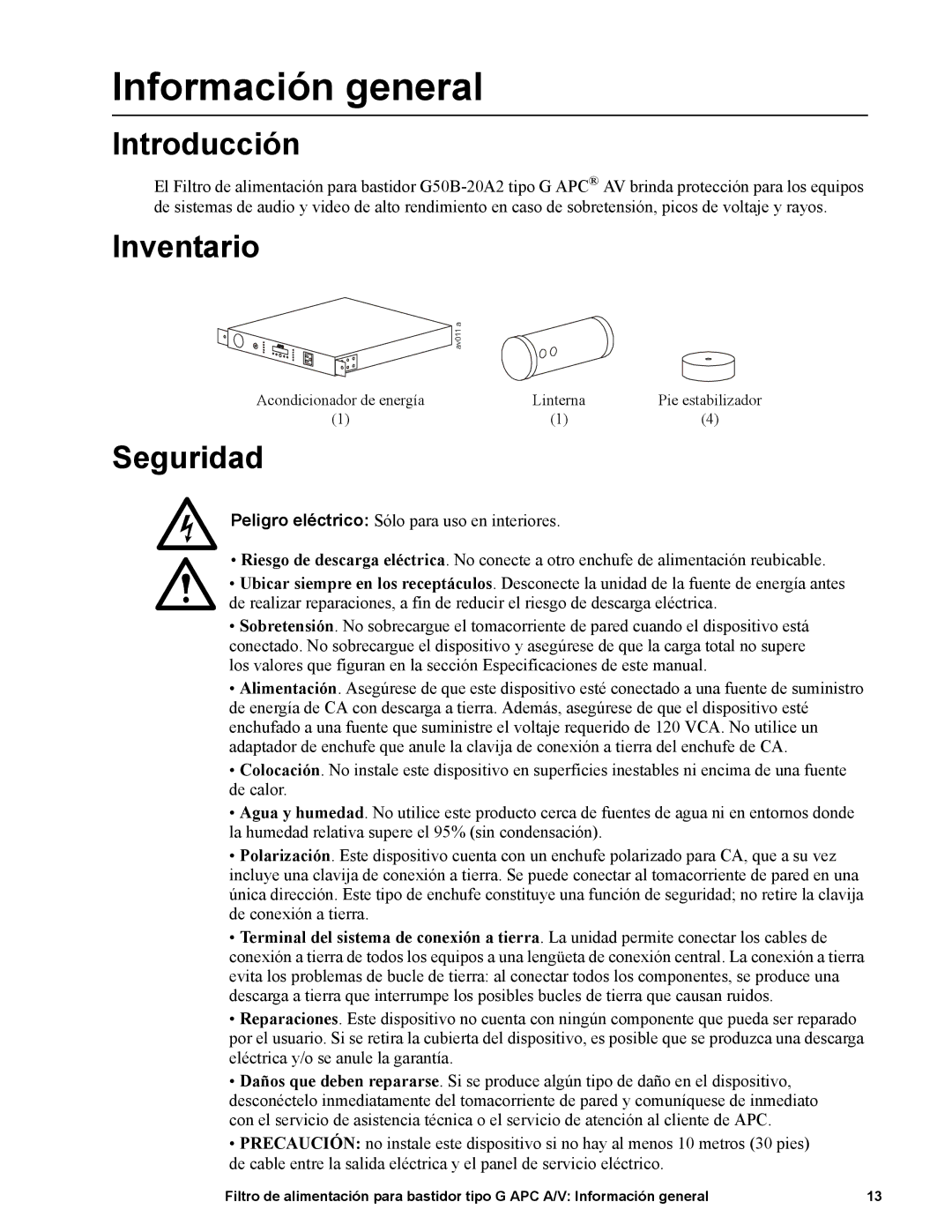 APC G50B-20A2 manual Información general, Introducción, Inventario, Seguridad 