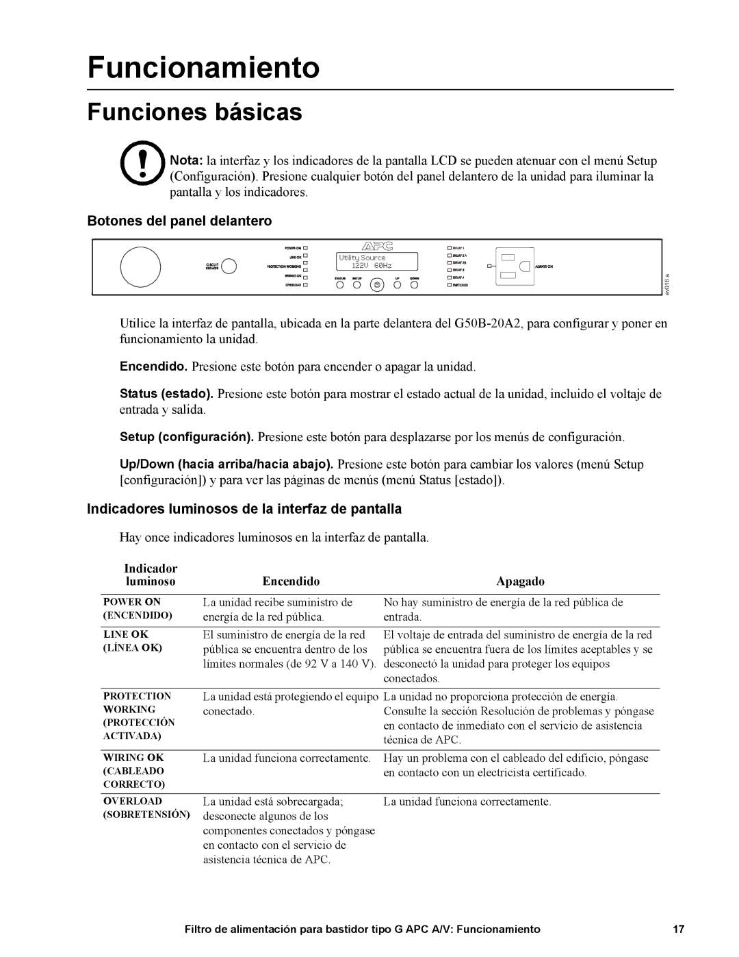 APC G50B-20A2 manual Funcionamiento, Funciones básicas, Botones del panel delantero, Indicador Encendido Apagado Luminoso 