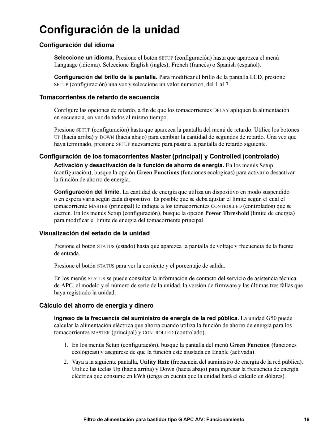 APC G50B-20A2 manual Configuración de la unidad, Configuración del idioma, Tomacorrientes de retardo de secuencia 