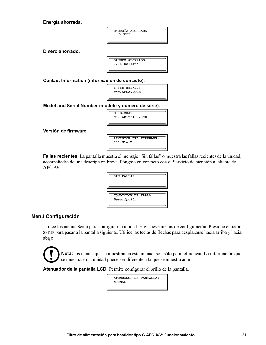 APC G50B-20A2 manual Menú Configuración, Versión de firmware 