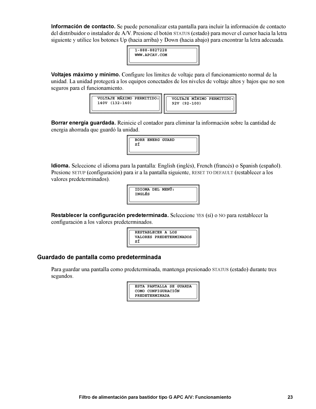 APC G50B-20A2 manual Guardado de pantalla como predeterminada 