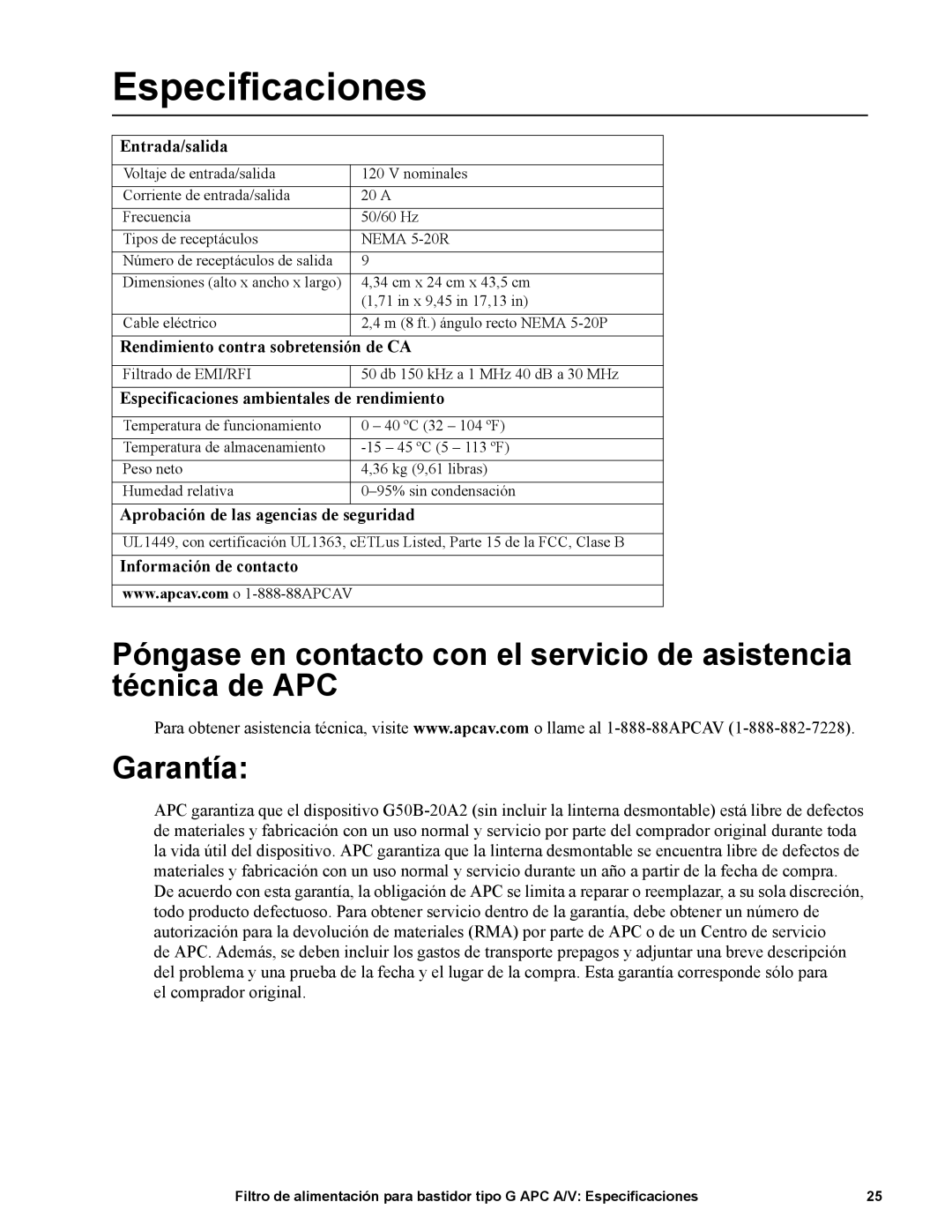 APC G50B-20A2 manual Especificaciones 