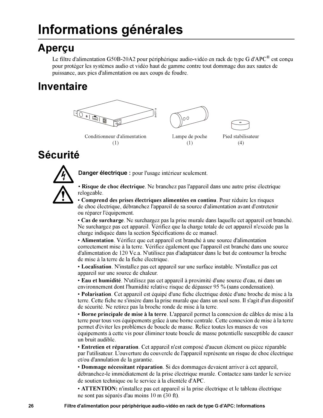 APC G50B-20A2 manual Informations générales, Aperçu, Inventaire, Sécurité 