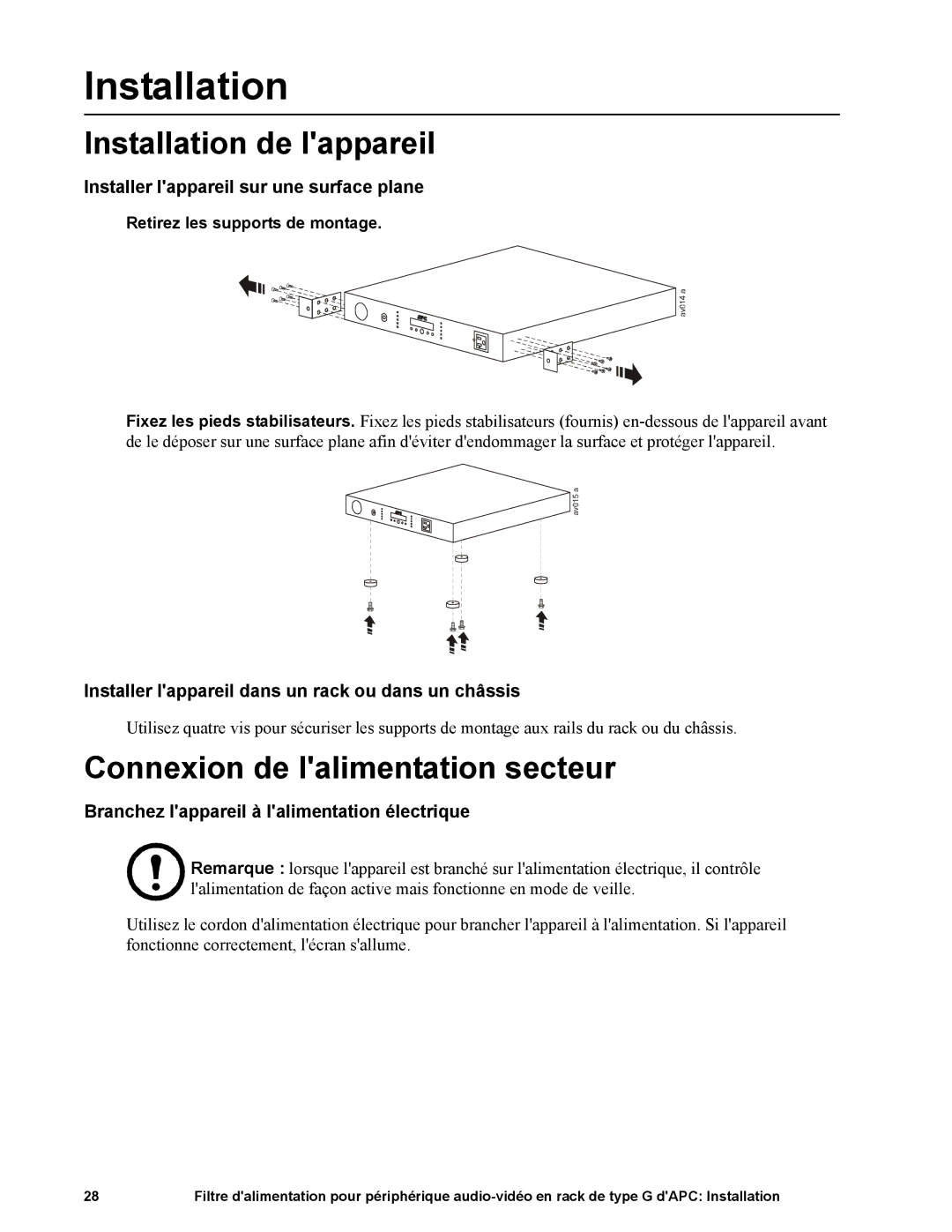 APC G50B-20A2 Installation de lappareil, Connexion de lalimentation secteur, Installer lappareil sur une surface plane 