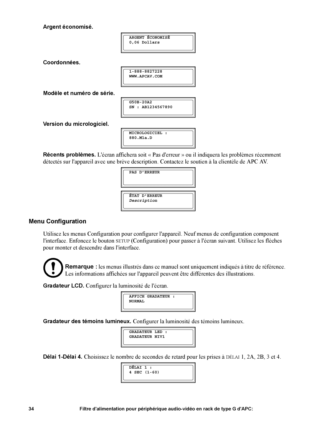 APC G50B-20A2 manual Menu Configuration, Version du micrologiciel 