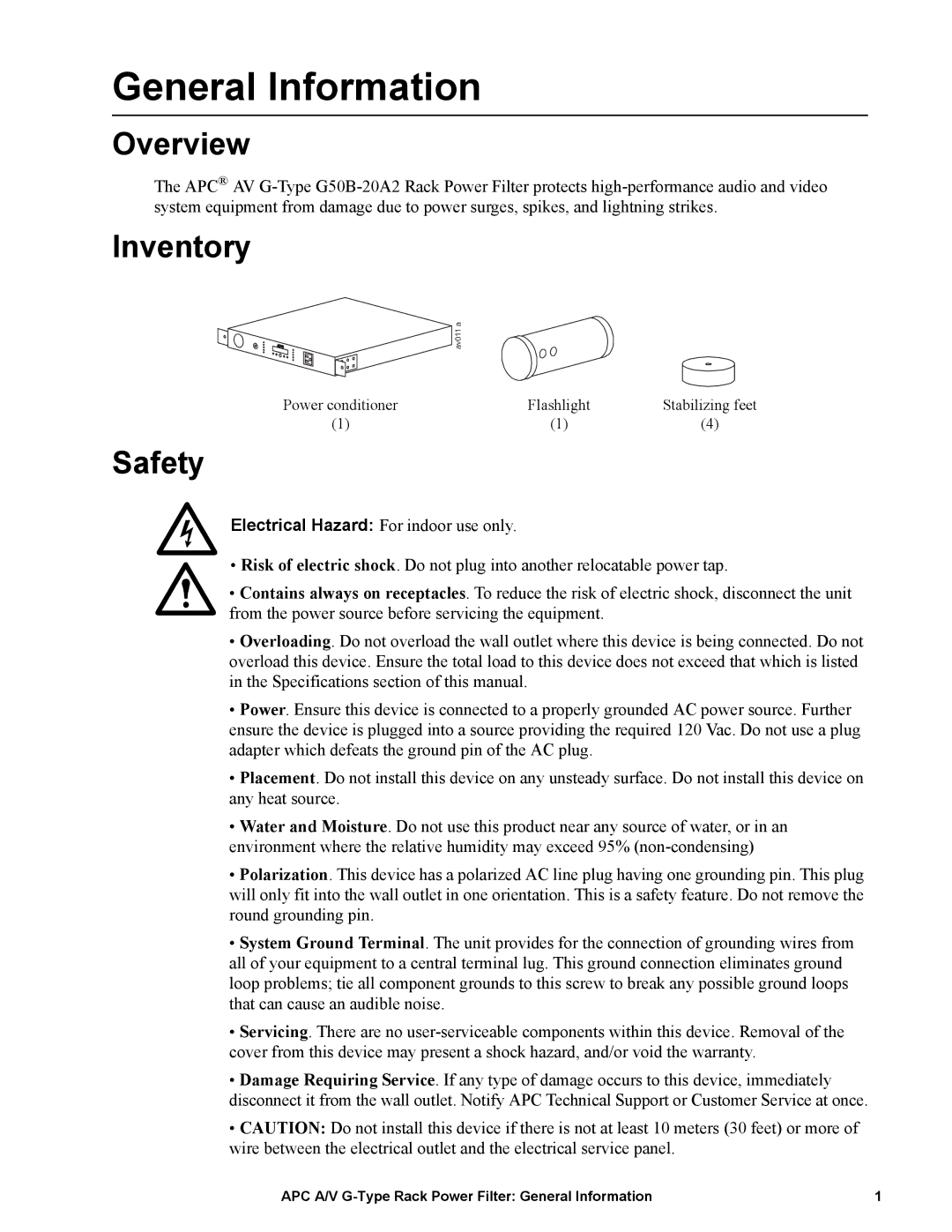 APC G50B-20A2 manual General Information, Overview, Inventory, Safety 