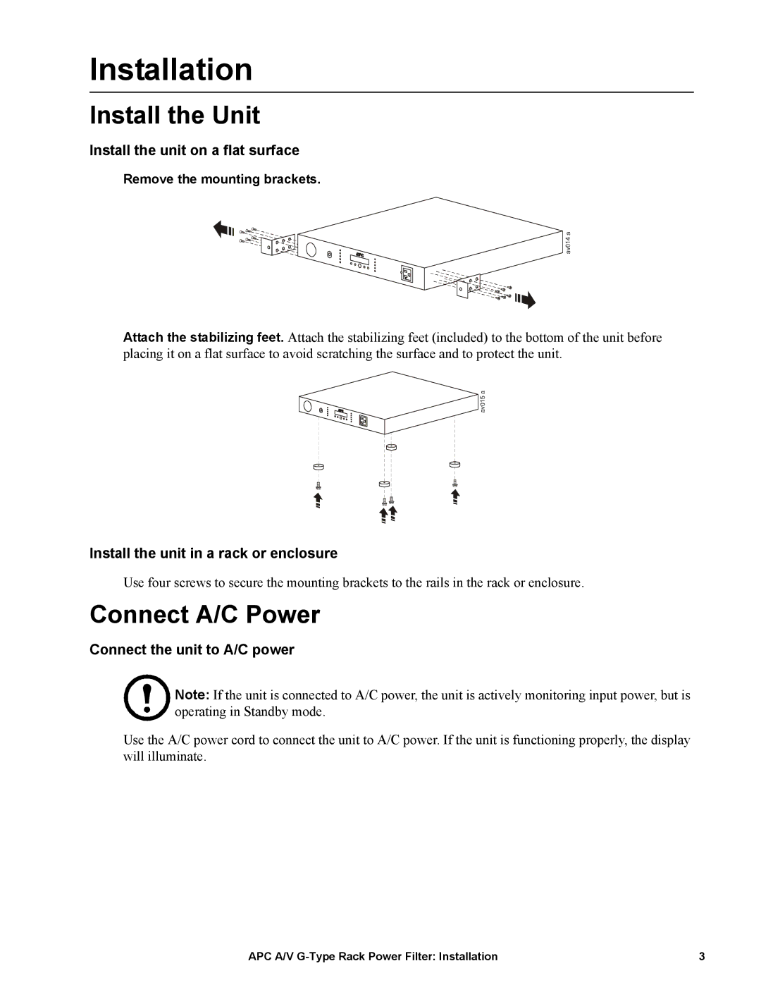 APC G50B-20A2 manual Installation, Install the Unit, Connect A/C Power 