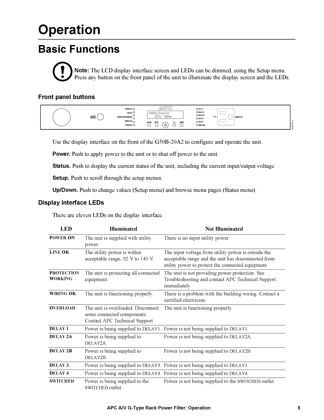 APC G50B-20A2 manual Operation, Basic Functions, Front panel buttons, Display interface LEDs, Illuminated Not Illuminated 
