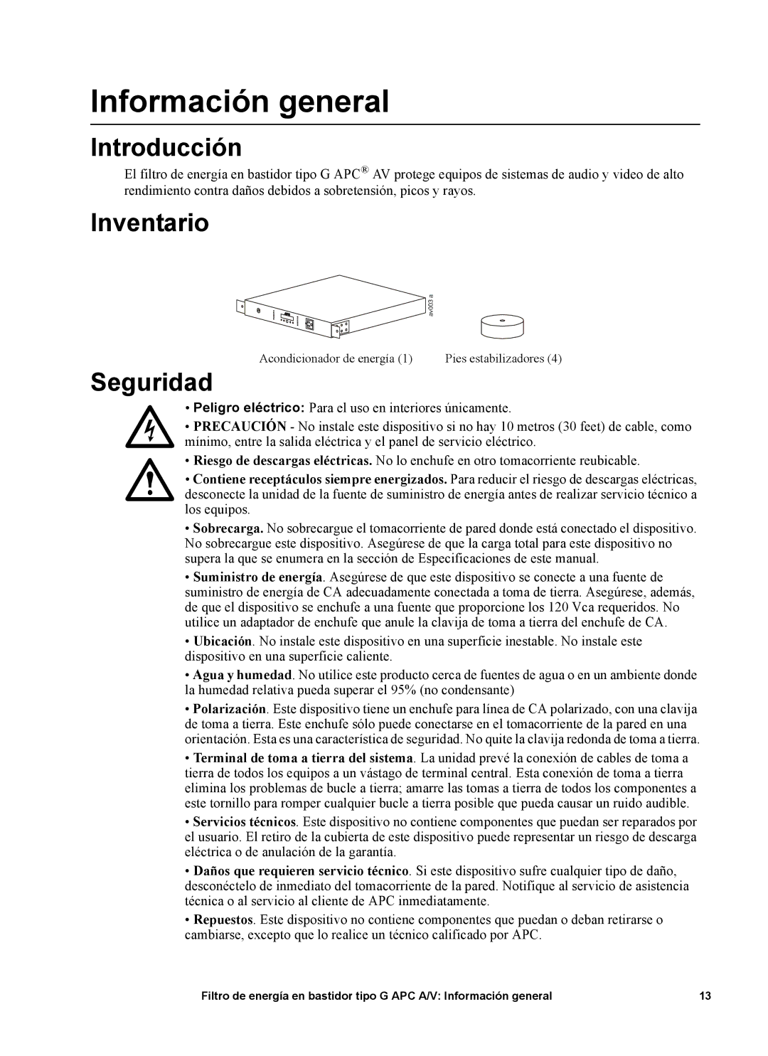 APC 120V, G5BLK, 15A manual Información general, Introducción, Inventario, Seguridad 