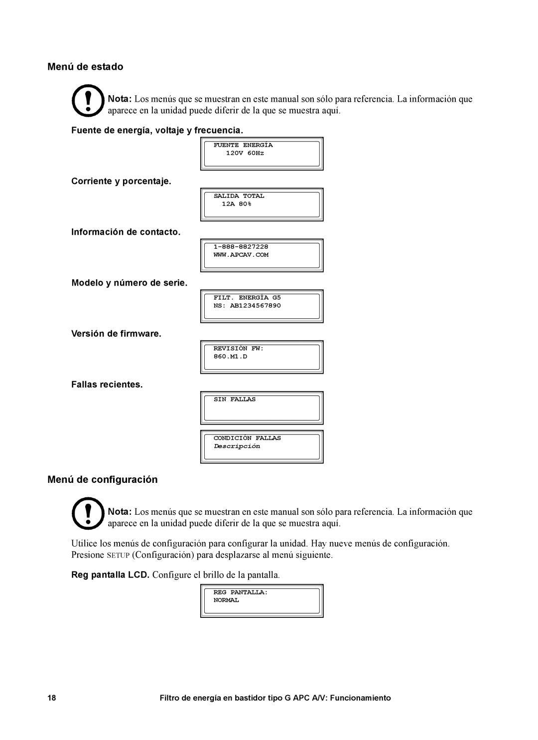APC 15A, G5BLK, 120V manual Menú de estado, Menú de configuración 
